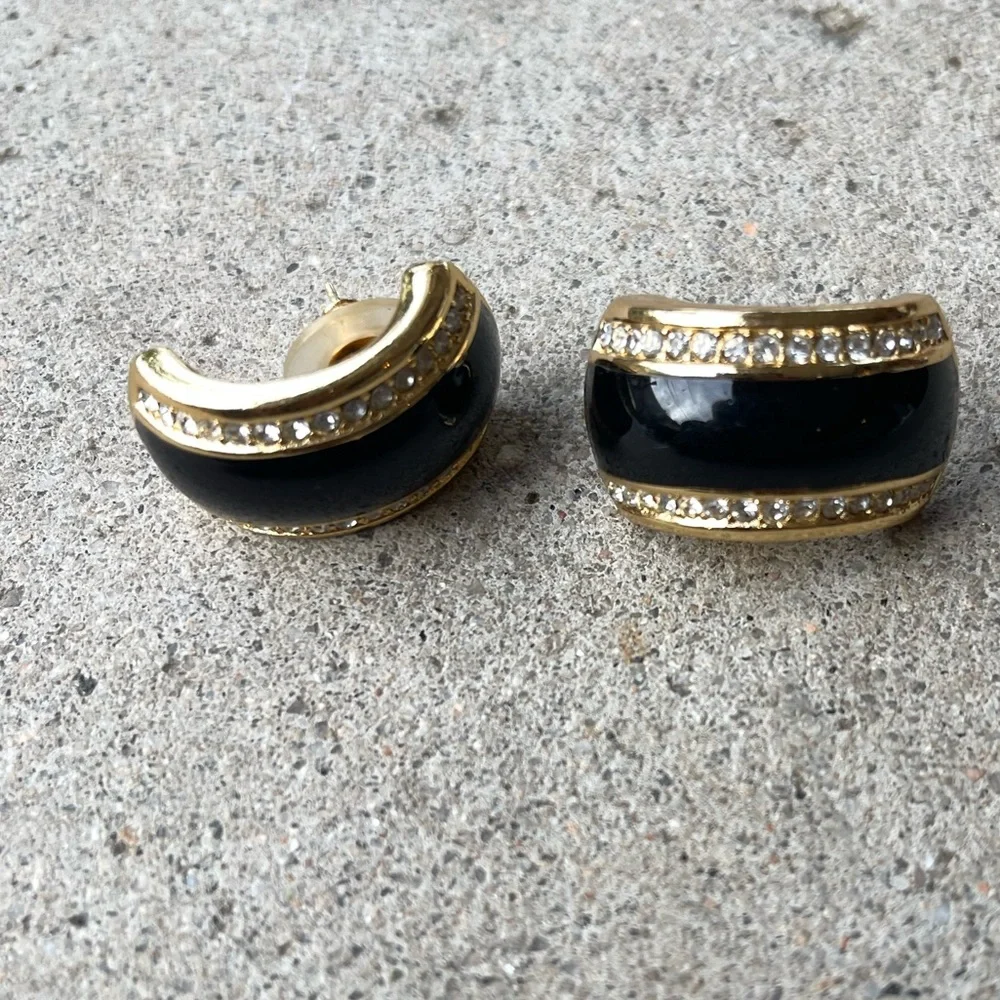 Vintage Gold Black Enamel pierced Earrings Rhinestone accents